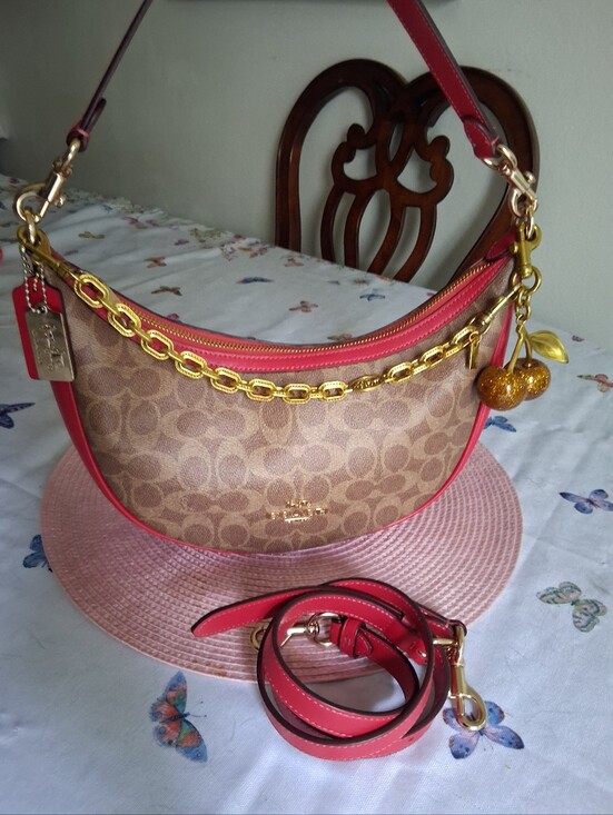 Coach Handbags - Coach Aria Brown Signature Crescent Shoulder Bag with Red Trim
